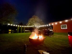 a fire pit in the middle of a yard at night at Jabłoń w Ogrodzie in Częstochowa