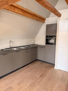 eine Dachbodenküche mit Geräten aus Edelstahl und Holzdecken in der Unterkunft House of De Swaen Apartments in Breda
