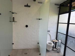 een badkamer met een toilet in een witte bakstenen muur bij EersteBosch Cottages in Stellenbosch