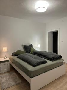 a white bedroom with a large bed with green pillows at Maison de Chasse Karlsbrunn in Großrosseln +7 photos