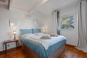 ピエルフ・デュ・バールにあるAu Jardin Des Couleursのベッドルーム1室(青いベッド1台、窓付)