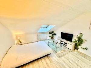 a bedroom with a bed and a flat screen tv at Le Chaleureux in Marignier +3 photos