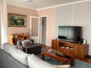 a living room with a couch and a flat screen tv at Casa das Cales - Grande in Altares