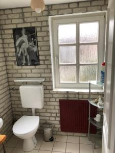 a bathroom with a white toilet and a brick wall at Ferienwohnung Zentral in Erbach im Odenwald +32 photos