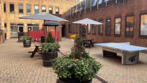 un tavolo da ping pong, panchine e ombrelloni in un cortile di Premier Student Housing a Londra
