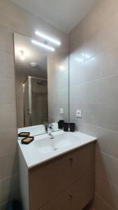 a bathroom with a white sink and a mirror at Beau logement 5 pers, proche de toutes commodités in Loudenvielle +13 photos