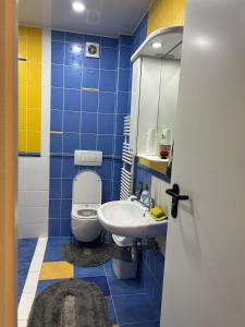 een blauw betegelde badkamer met een toilet en een wastafel bij Lucia's apartment in Chişinău