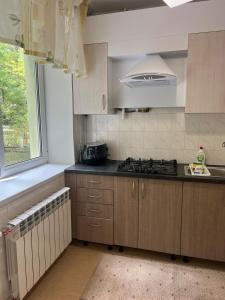 een keuken met een fornuis, een wastafel en een raam bij Lucia's apartment in Chişinău