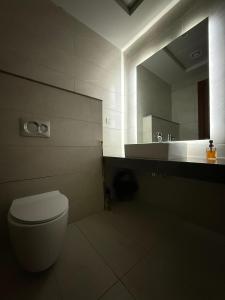 a bathroom with a toilet and a large mirror at Serviced Apartments-Mall of Islamabad-F7 in Islamabad +11 photos