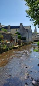 a river in a town with buildings and trees at Appartement Studio Le Clem's in Bayeux