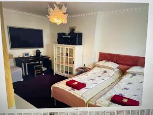 a bedroom with two beds and a flat screen tv at K&B Residence in Jarosław +82 photos