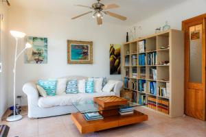 ein Wohnzimmer mit einer Couch und einem Bücherregal in der Unterkunft Casa del Lago in Port d'Alcúdia