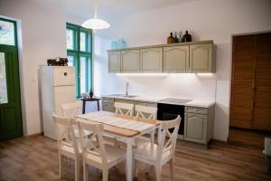 a kitchen with a table and chairs and a refrigerator at Nostalgia in Turda +27 photos