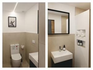 two pictures of a bathroom with a toilet and a sink at Brisaolea - La Parcela in Peniscola