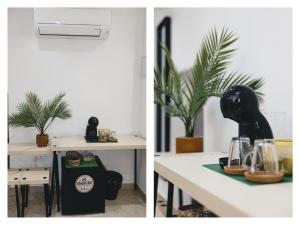 two pictures of a kitchen with a table with a blender at Brisaolea - La Parcela in Peniscola