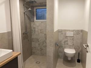 a bathroom with a shower with a toilet and a sink at FamilienAppartement Waldstüberl in Kleinarl +18 photos
