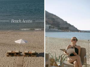 a woman sitting in a chair on the beach at Costel BeachFront Residence, BBQ & Private Sunbeds, By ThinkVilla in Fodele