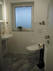 a bathroom with a toilet and a sink and a window at Ferienwohnung am Mühlenweg in Petershagen