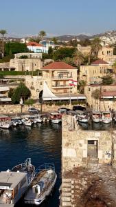 Un grupo de barcos están atracados en un puerto en Bab El Mina guest house Byblos, en Biblos