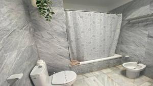Un baño con ducha, inodoro y lavabo. en Apt. El Guirre Nº 6, en Playa Calera 40 fotos más