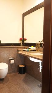 a bathroom with a toilet and a large mirror at Ello Hotels in Bengaluru