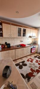 a large kitchen with a rug on the floor at Apartament in Rădăuţi
