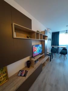 a living room with a television and a desk at Lovely Sunrise in Căţelu