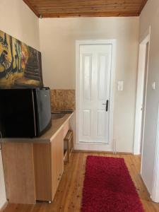a living room with a television and a red rug at Grandma's place in Arachova