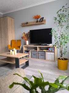 Una sala de estar con un televisor de pantalla plana y una mesa. en Ludza Stay Apartment, en Ludza