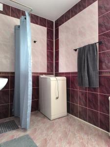 y baño con nevera pequeña y ducha. en Ludza Stay Apartment, en Ludza 25 fotos más