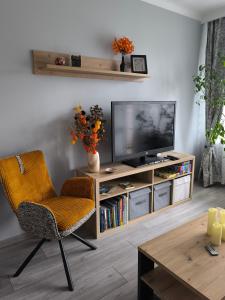 Una sala de estar con un televisor y una silla. en Ludza Stay Apartment, en Ludza