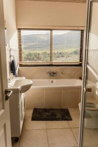 une salle de bain avec une baignoire, un lavabo et une fenêtre dans l'établissement Barton Luxury Villas, à Botrivier