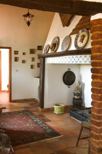 a living room with a fireplace with plates on the wall at Quinta do Céu Tranquilidade e Piscina no Alentejo in Alvito