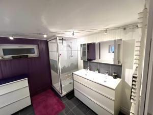 a bathroom with a shower and two sinks and a shower at Chez Eliane in Bennwihr +3 photos