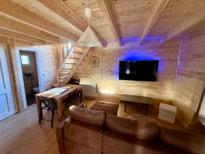 a living room with a couch and a tv on a wall at Le Chalet de la Vernie in Saint-Léger-les-Mélèzes