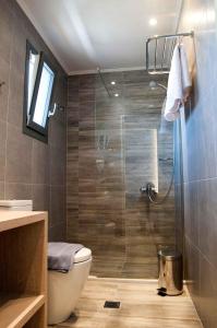 アカラヴィにあるHyacinthus-Cressida Seaside Apartmentsのバスルーム(トイレ、ガラス張りのシャワー付)