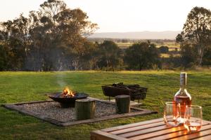 a fire pit in a field with a bottle of wine at The Bunker Malniri Park in Wilberforce