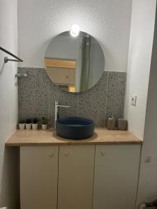 a bathroom with a sink and a mirror at Le charmant Jules Julien parking privé in La Celle-sous-Gouzon