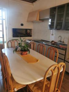 a kitchen with a table with a potted plant on it at La Abuelita in Rocha