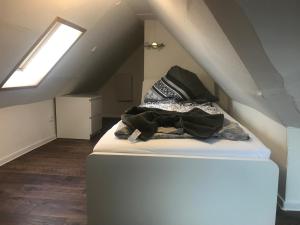 a room with a bed in a attic with a window at Mikra Homes24 in Meerane in Meerane