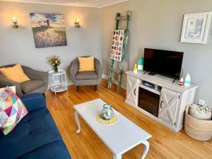 Una sala de estar con un sofá azul y un televisor. en Stockley's Saltbox, en Twillingate