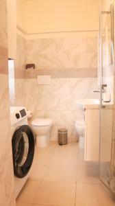 a bathroom with a toilet and a washing machine at Casa Galya with private patio by GardaDoma in Brenzone sul Garda
