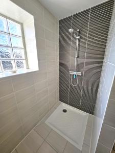 ein Badezimmer mit Dusche mit Glastür in der Unterkunft Résidence Brise de Mer - 2 in Port Nayalo