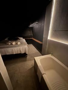 a dark room with a bed and a bath tub at Mirante de itaipava in Itaipava