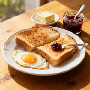 a plate of toast with an egg and butter at Ri Tngen - A slice of nature by the Umiam lake! in Borpāni