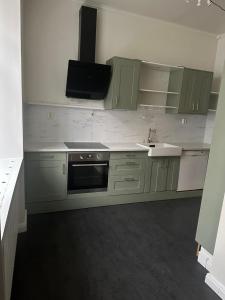 a kitchen with green cabinets and a sink at 2 rok i Söderfors wärdshus in Söderfors +16 photos