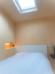 a bedroom with a white bed and a skylight at Tiny House The Wave in Ons Belang