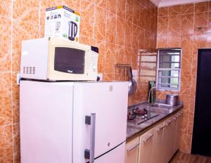 a microwave on top of a refrigerator in a kitchen at Citadel Royal apartment in Lekki +4 photos