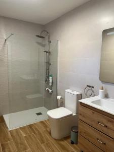 a bathroom with a shower and a toilet and a sink at Casa Antonia in La Puebla de Montalbán