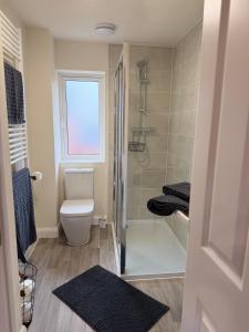 a bathroom with a toilet and a shower at Stylish 3 bed house in Bedford perfect for Contractors and families in Bedford
